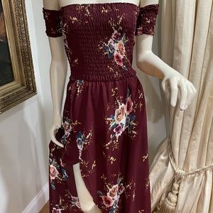 Maroon floral dress off the shoulder
